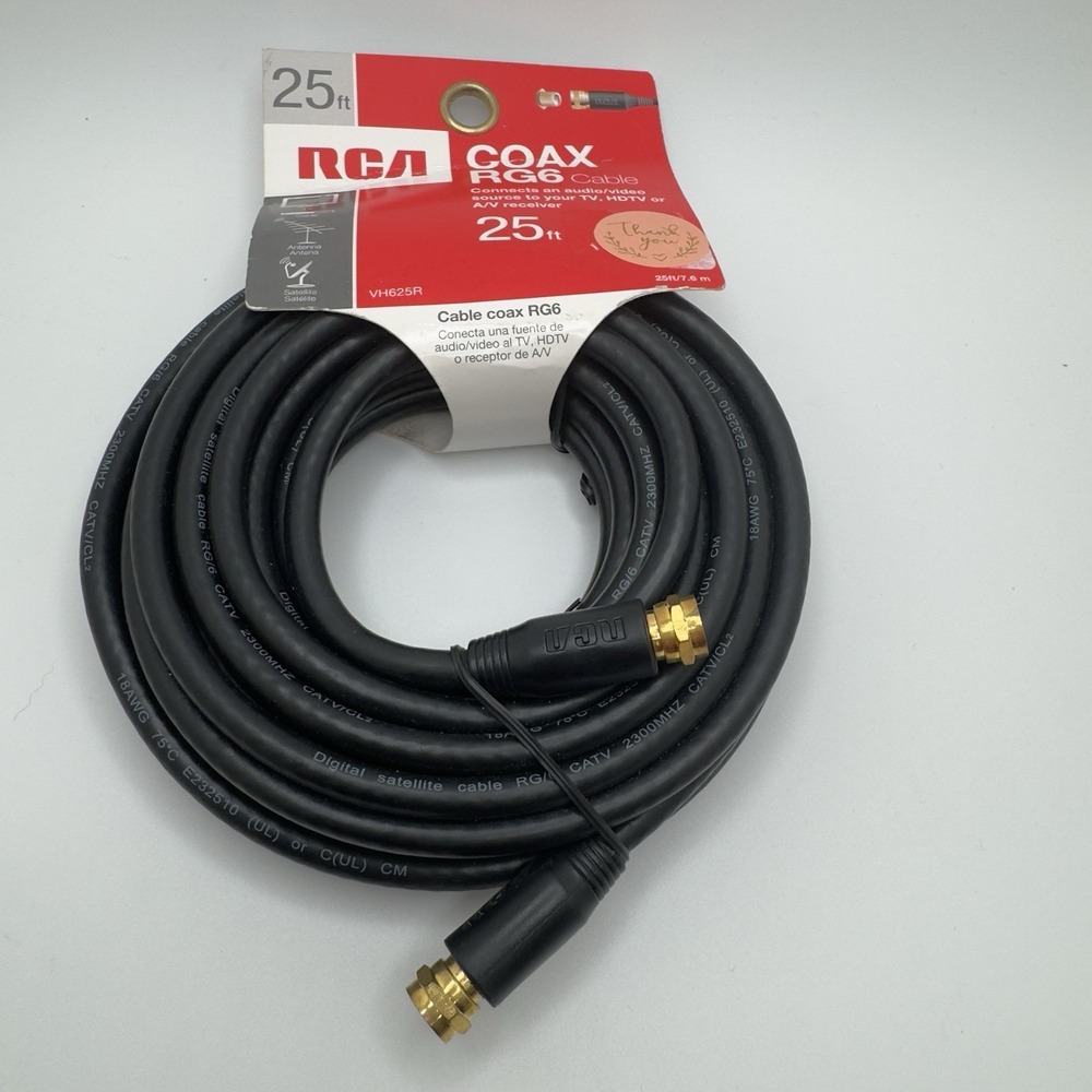 RCA RG6 Coaxial Cable 25ft VH625R Black Audio Video TV HDTV Satellite Wire